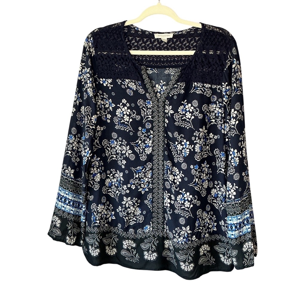 Beachlunchlounge Navy Blue Floral Crochet Lace Yoke Boho‎ Blouse Large